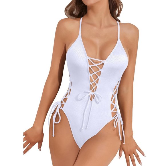 One Piece Off-White Lilac Lace Up Ribbed Swimsuit  18W *NWT* - Picture 4 of 8